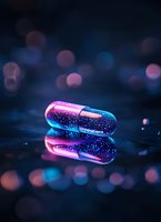 Glowing pharmaceutical capsule with cosmic galaxy effect inside on dark reflective surface, illuminated by neon pink and blue lights with bokeh background.