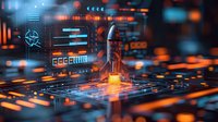 Futuristic rocket launch visualization on digital circuit board with glowing orange and blue technological interface displaying data analytics and space mission controls.