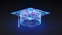 Digital graduation cap made of glowing blue and purple pixels on dark background representing online education technology and academic achievement.