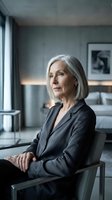 Confident mature businesswoman with silver hair in dark suit sitting in modern office interior looking thoughtfully away from camera.