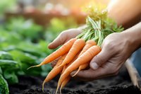 Fresh organic carrots with green tops held in farmer hands over garden soil during harvest, natural sunlight creates warm atmosphere for food photography.