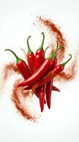 Red hot chili peppers with paprika powder explosion on white background isolated for culinary design and spice advertising concepts.