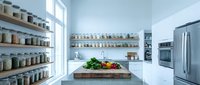 Organized kitchen pantry with open shelving displaying glass storage jars, fresh produce in wooden crate, and stainless steel appliances for home organization and interior design projects.