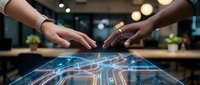 Two diverse hands reaching toward glowing digital circuit board hologram on wooden table in modern office environment for technology collaboration concepts.