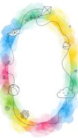 Colorful watercolor frame with playful doodle elements including kite, paper planes, cloud, ball and cube on white background for creative design projects.