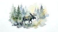 Majestic moose silhouette standing in misty forest landscape with evergreen trees, watercolor painting style on white background for nature artwork.