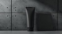Black cosmetic tube on dark concrete background. Minimalist mockup for skincare, beauty product packaging design. Clean modern presentation against textured wall.