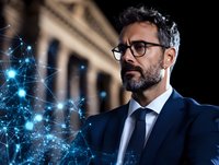 Middle-aged Caucasian businessman wearing glasses and navy suit stands confidently against dark background with glowing blue network visualization effect representing digital transformation.