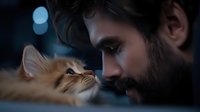 Close-up portrait of bearded man and ginger cat touching noses in intimate moment against dark background with bokeh lights, showing bond between pet and owner.