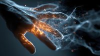 Mysterious hand reaching through glowing energy web, concept of digital transformation, artificial intelligence, and futuristic technology connection.