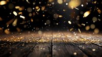 Golden glitter and confetti falling on rustic wooden surface with dark background, creating magical festive atmosphere for celebration designs.