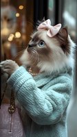 Ragdoll cat with bright blue eyes wearing mint sweater and pink bow accessory, looking up dreamily against blurred bokeh background. Fashion pet portrait.