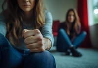 Young woman with clasped hands sitting in dark room showing signs of anxiety and depression while another person sits distant in background.
