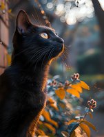 Black cat with golden eyes gazing upward in autumn garden setting, backlit by warm sunlight creating magical rim lighting effect against blurred bokeh background.