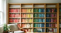 Organized home library with colorful books arranged by color in wooden shelving unit, cozy reading corner with chair and plant for interior design.