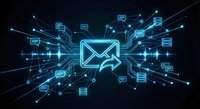 Digital email marketing network with glowing envelope icon and connected communication symbols on dark tech background for business campaigns.