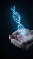 Glowing DNA double helix floating above cupped hands against dark background for genetic research and biotechnology concepts.