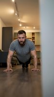 Adult male, Caucasian, athletic build, performing push-up exercise in modern home gym with warm track lighting, wooden shelving, and polished concrete flooring for fitness training.