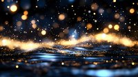 Magical winter night landscape with glowing bokeh lights and sparkles floating over snowy mountains, creating dreamy atmospheric scene for holiday designs.