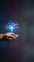 Hands holding glowing electric tree with lightning branches on dark gradient background representing growth, energy, innovation and environmental protection.