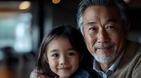 Asian grandfather and granddaughter sharing warm moment together, elderly man with gray beard embracing young girl, family bonding and intergenerational love concept.