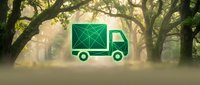 Green delivery truck icon with geometric pattern overlay on misty forest background representing eco-friendly logistics and sustainable transportation solutions.