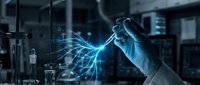 Scientist in protective gloves conducting electrical experiment with blue lightning energy in modern laboratory for research and innovation projects.