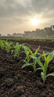 Young corn seedlings emerging from rich dark soil in agricultural field during golden hour sunrise with dramatic cloudy sky for farming and crop growth concepts.
