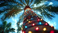 Tropical Christmas tree decorated with colorful lights under palm trees creating festive holiday atmosphere in warm climate destination.