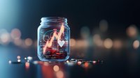 Glowing stock market chart trapped in glass jar against blurred city lights background, representing financial growth and investment concept.