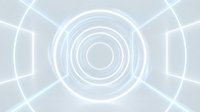 Futuristic white tunnel with glowing circular rings and bright light beams creating sci-fi corridor perspective for technology and space concepts.