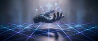 Futuristic robotic hand displaying holographic digital icons and symbols above glowing grid surface for technology and artificial intelligence concepts.