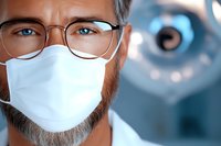 Close-up portrait of mature male medical professional wearing protective face mask and glasses in hospital setting with surgical light in background.