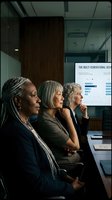 Three mature women of diverse ethnicities in professional attire observe a presentation screen displaying multi-generational data charts in a modern office conference room setting.