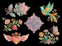 Ornamental floral and bird design elements with intricate patterns, isolated on transparent background. Ready for t-shirt design, clipart, stickers, sublimation, print-on-demand products and digital crafts.
