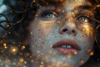 Close-up portrait with golden freckles and glowing particles creating magical atmosphere, perfect for fantasy or beauty concepts.