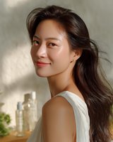 Young Asian woman with glowing skin and natural makeup smiling warmly in sunlight, wearing white sleeveless top, long dark hair flowing naturally against soft blurred background.