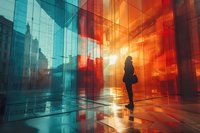 Female silhouette in modern glass building interior with dramatic orange and teal reflections creating surreal atmospheric mood. Sunlight streams through windows.