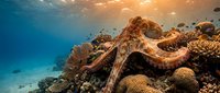 Orange octopus camouflaged on vibrant coral reef in tropical ocean with sunlight filtering through clear blue water creating peaceful underwater scene.