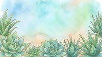 Watercolor succulents and aloe vera border on soft blue and peach background, hand-drawn botanical frame with copy space for text or design.
