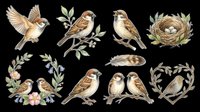 Sparrows and nest clipart set isolated on transparent background, ready for t-shirt design, stickers, print on demand, sublimation, and digital crafts.