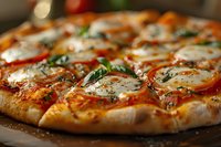 Homemade Margherita pizza with melted mozzarella, fresh basil leaves and tomato sauce on crispy crust, macro shot perfect for restaurant menu or food blog promotion.