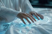 Hands touching glowing digital interface with futuristic holographic waves and circles, creating interactive virtual reality experience in modern technology concept.