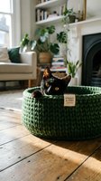 Black cat resting in green knitted pet bed in modern living room with plants, fireplace, and shelving. Cozy home interior design for pet care and lifestyle content.