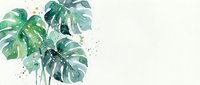 Watercolor monstera leaves with gold splashes on cream background for botanical wall art and tropical home decor projects.