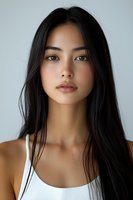 Young Asian woman with long dark hair wearing white tank top against light background, natural makeup and serene expression for beauty and fashion content.