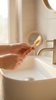 Hands holding bamboo toothbrush over modern bathroom sink with natural lighting for sustainable oral care and eco-friendly dental hygiene routine.