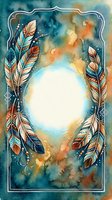 Watercolor boho frame with tribal feathers and full moon on textured background for spiritual designs and bohemian decor projects.