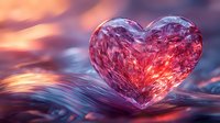 Crystal heart glowing with red light floating above rippling water surface against sunset sky background, romantic magical atmosphere.