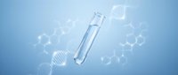 Laboratory test tube with clear liquid floating against blue background with molecular structures and DNA helix for medical research and scientific analysis.